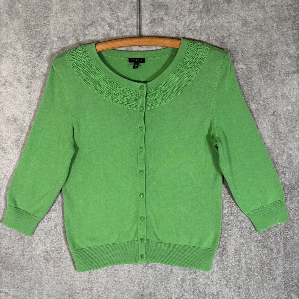 Talbots Green 3/4 Sleeve Button Front Cardigan Crochet Trim Size M Minimalist